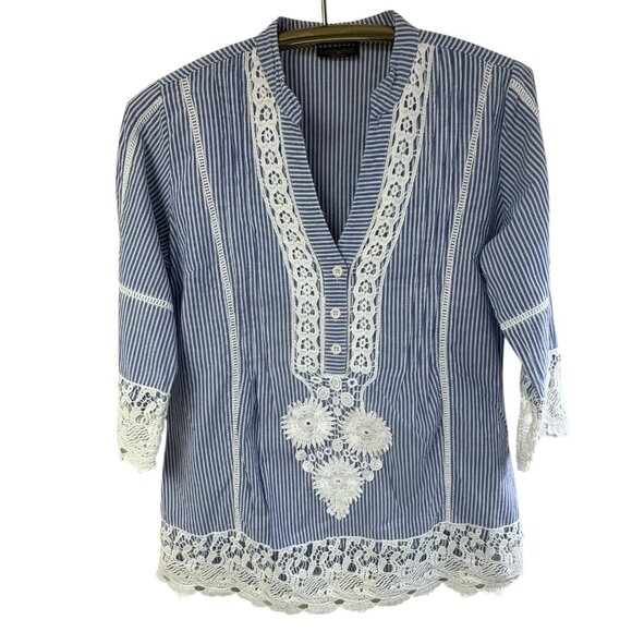 Kanishka Blue and White Striped Cotton Lace‎ Accent Tunic - Picture 7 of 7